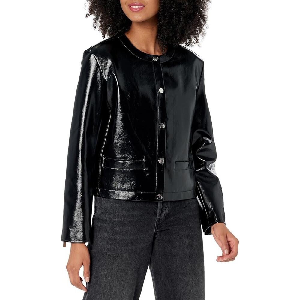 Theory Women's Patent Crop Jacket, Size 12, In Black, Faux Leather, Long Sleeve